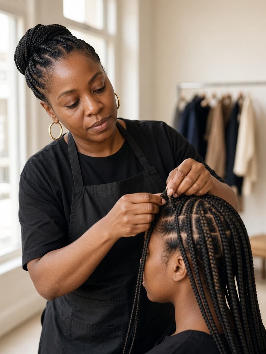 Black braider creating protective styles